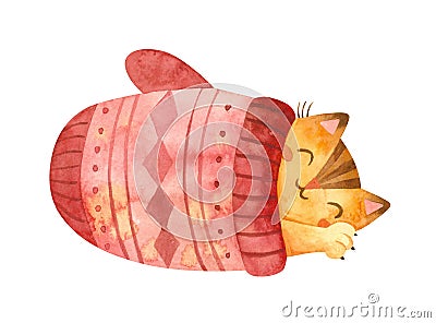 Ð¡at sleeps in a large mitten. Cute kitten Christmas character. Winter postcard. Cartoon Illustration